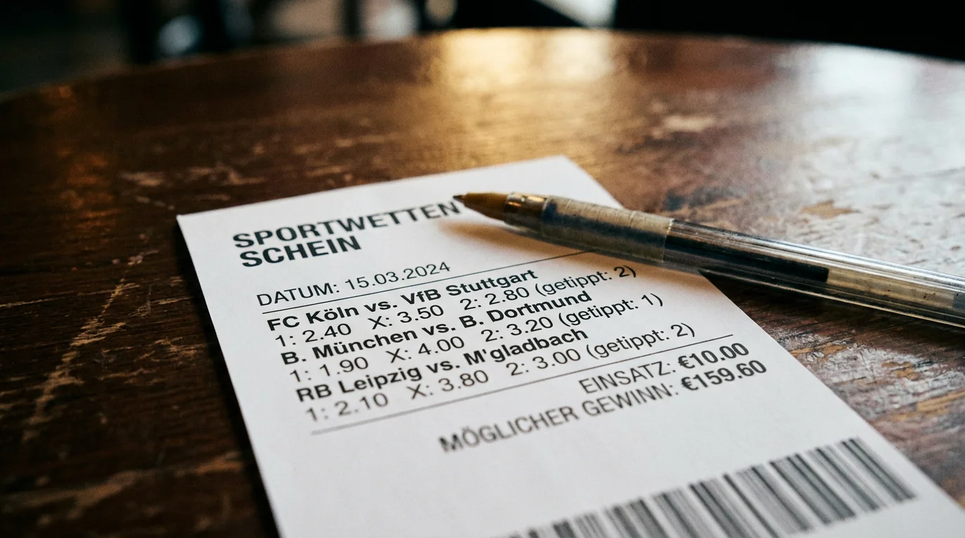 Wettschein mit mehreren Fußball-Auswahlen und berechneter Kombiquote