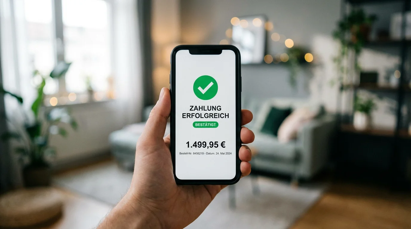 Hand hält Smartphone mit Auszahlungsbestätigung einer Sportwetten-App