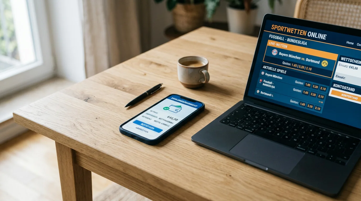 Smartphone mit PayPal-App neben einem Laptop mit Sportwetten-Seite