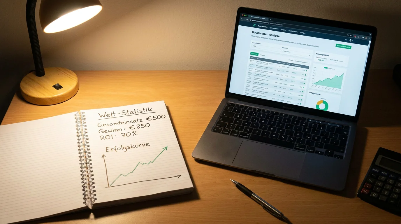 Notizbuch mit handgeschriebener Wettstatistik neben einem Laptop mit Quotenanalyse